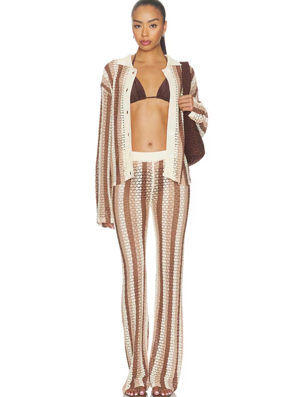 superdown Brown & Cream Crochet Stripe Cover-Up Set